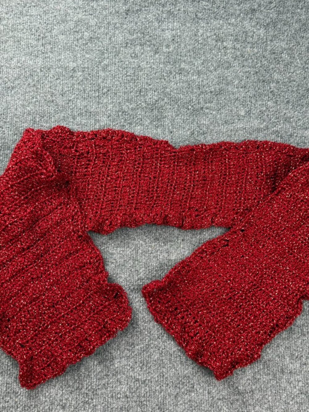 Handmade Red Metallic Shimmer Knit Scarf Gold Sparkle Winter Ruffle 46"x6"